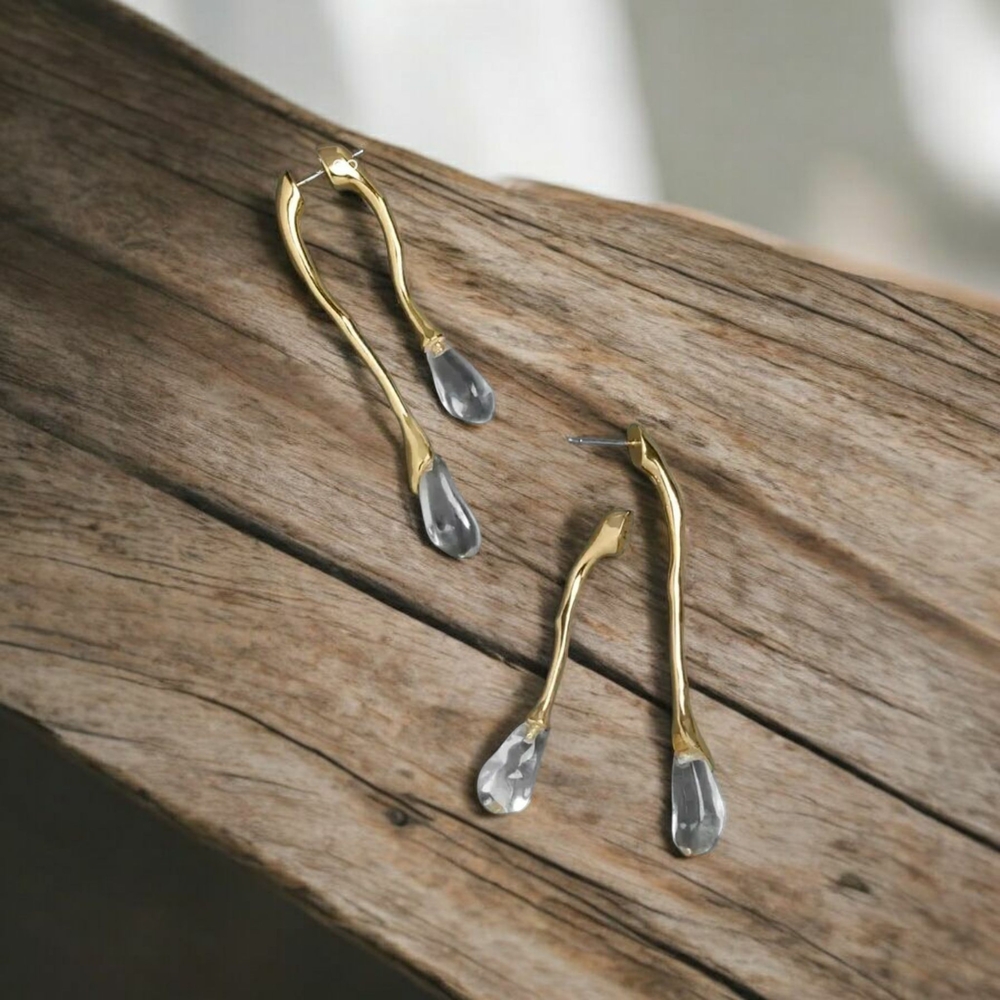 NEW! Gold and clear glass Droplet Earrings - Picture 3 of 7